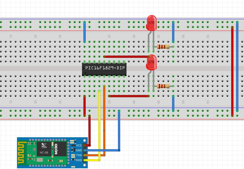 breadboard of pic16f1829 pic microcontroller and bluetooth module hc-06
